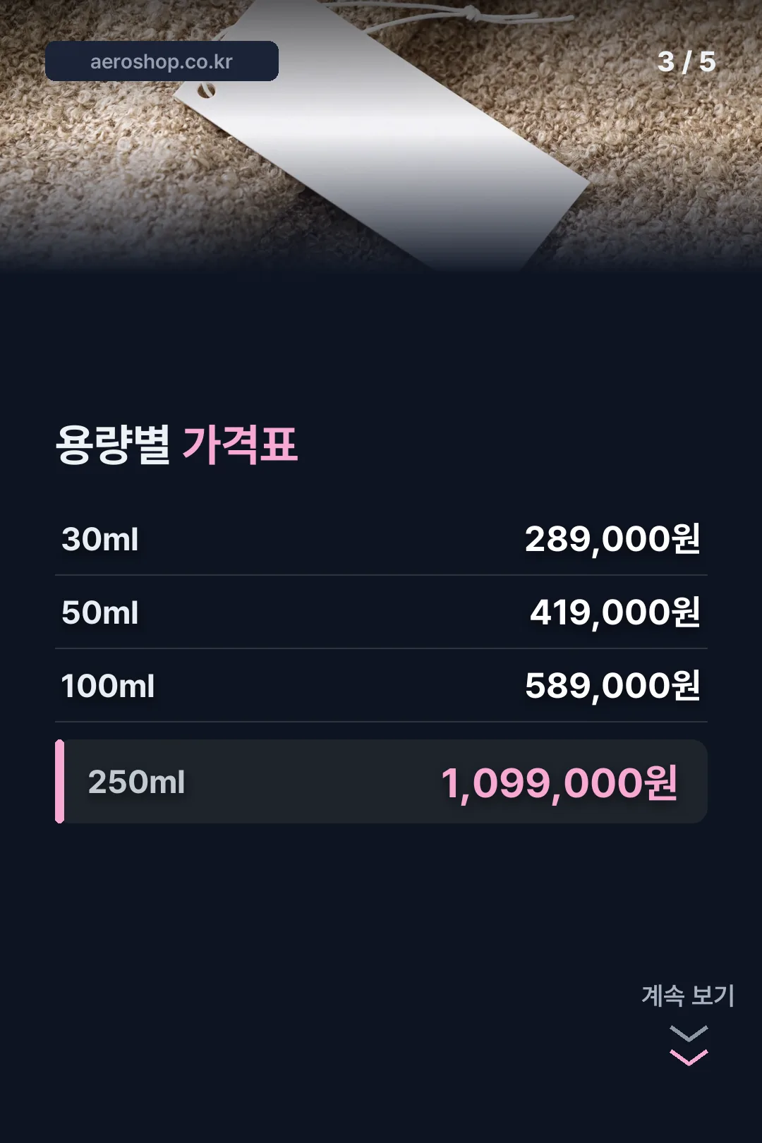용량별 가격표